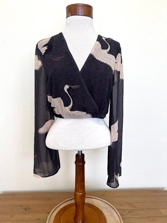 NWT "Show Me Your Mumu" - Crop Top - Black Sheer White Crane - Size Small - Picture 2 of 12
